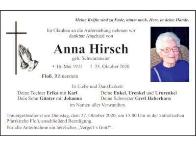 Traueranzeige Anna Hirsch, Floß 400x300