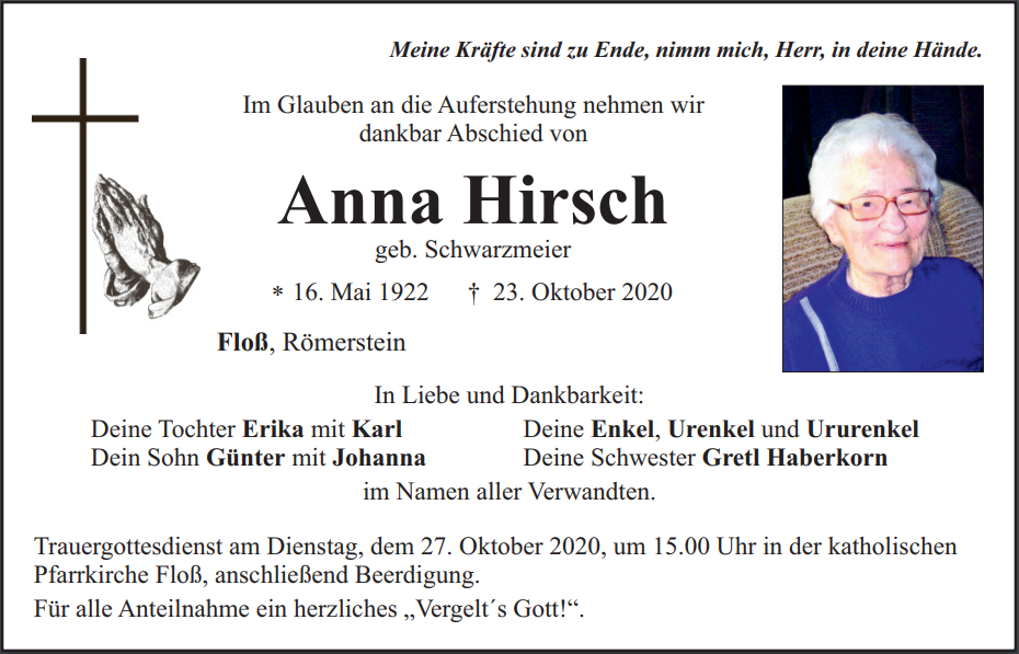 Traueranzeige Anna Hirsch, Floß