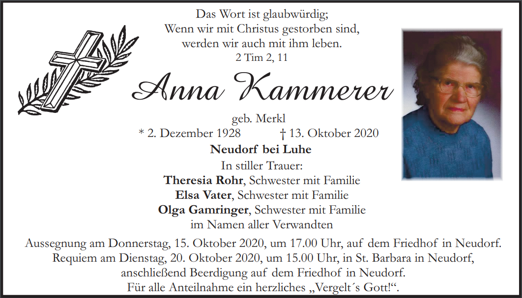 Traueranzeige Anna Kammerer, Neudorf bei Luhe