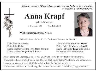 Traueranzeige Anna Krapf, Weiherhammer Brand Weiden 400 300
