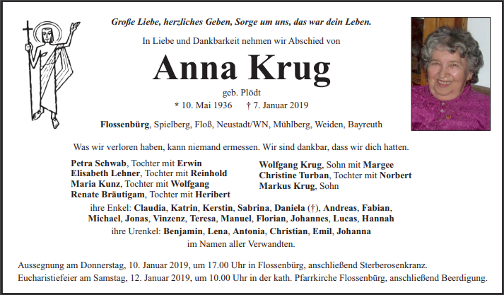 Traueranzeige Anna Krug Flossenbürg