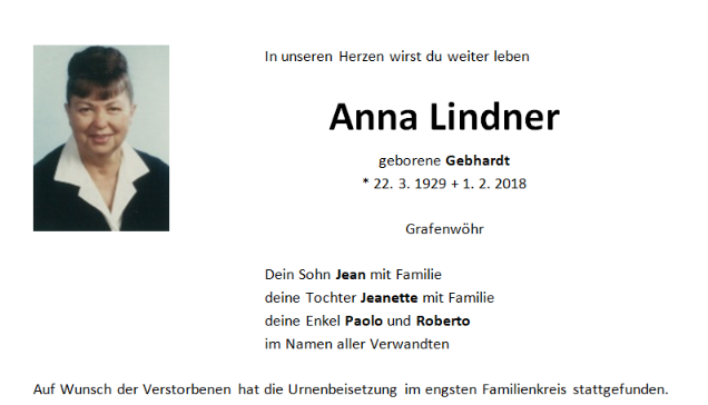 Traueranzeige Anna Lindner Grafenwöhr