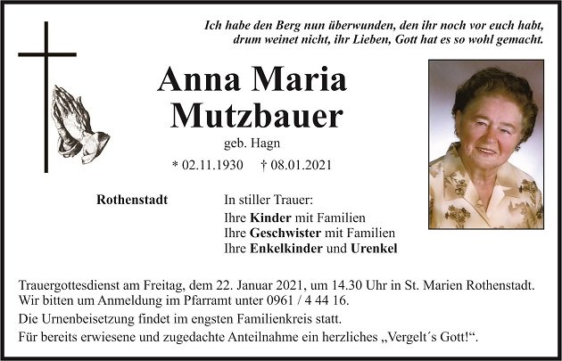 Traueranzeige Anna Maria Mutzbauer Rothenstadt