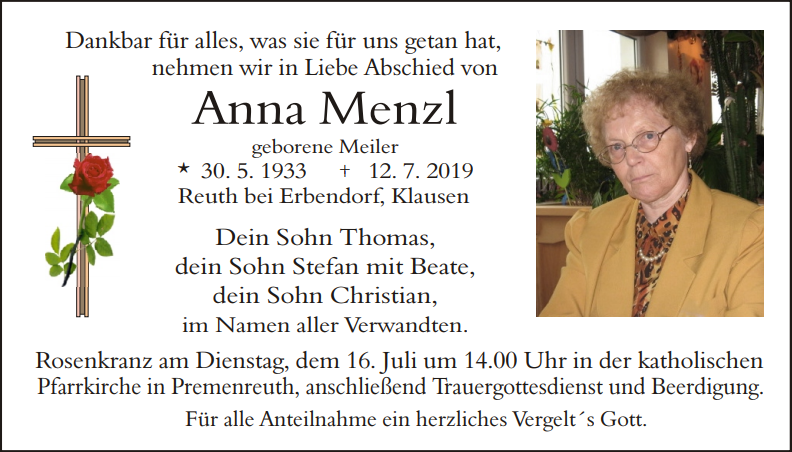 Traueranzeige Anna Menzl Reuth bei Erbendorf