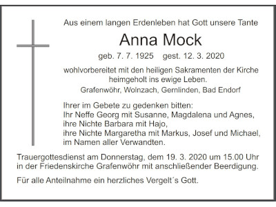 Traueranzeige Anna Mock, Grafenwöhr 400 300
