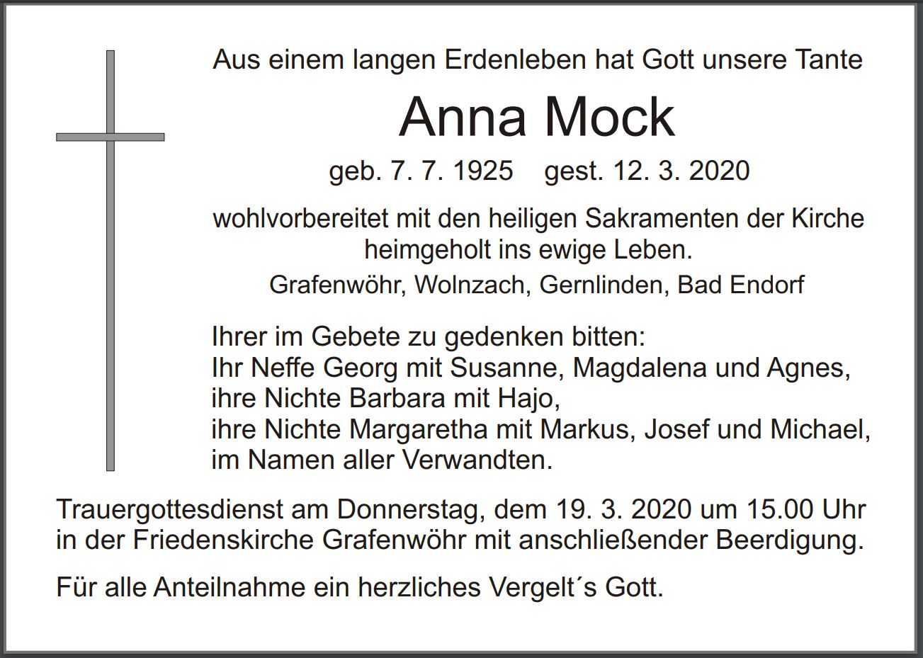 Traueranzeige Anna Mock, Grafenwöhr