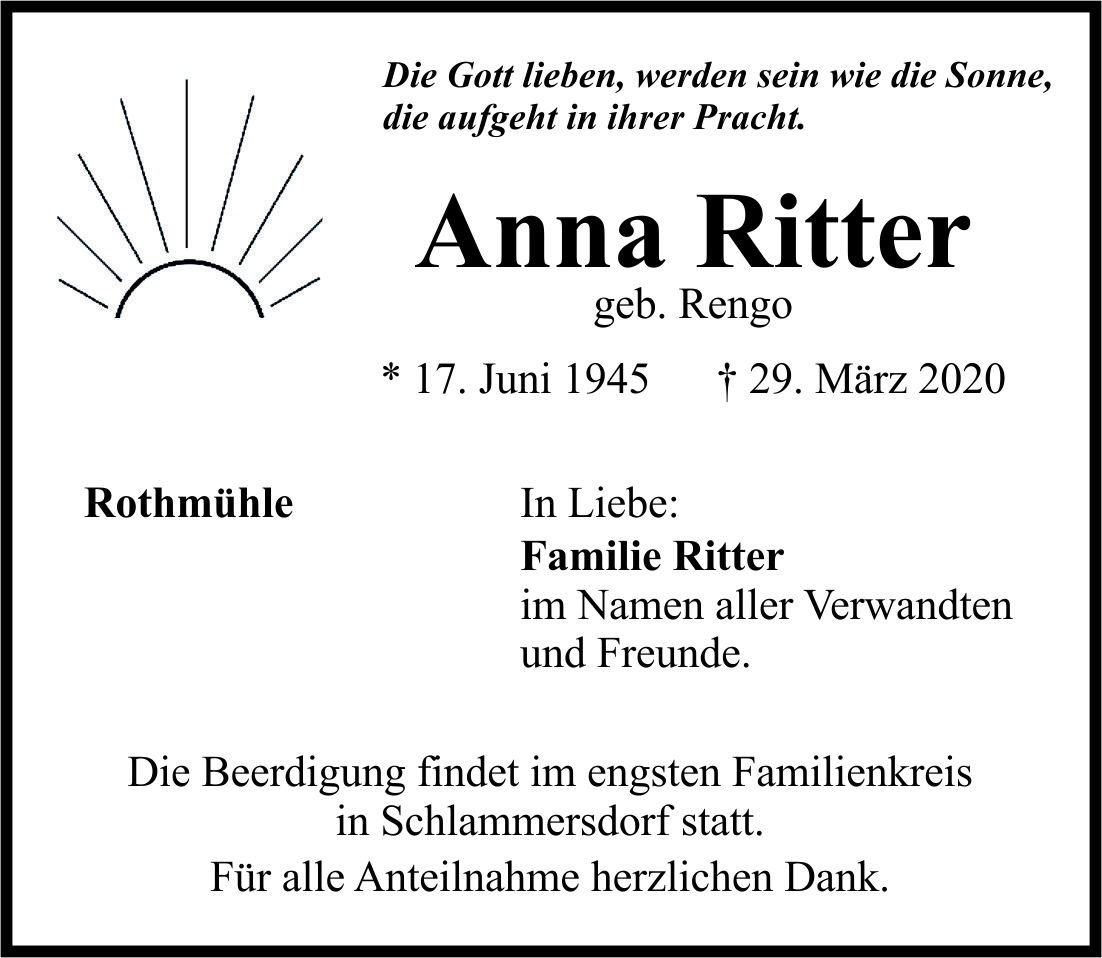 Traueranzeige Anna Ritter