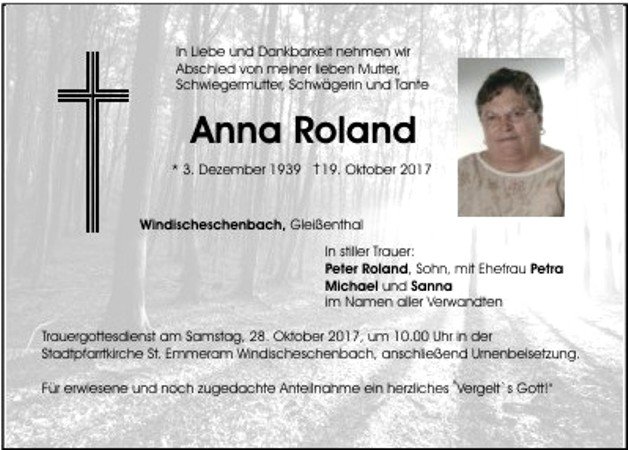 Traueranzeige Anna Roland, Windischeschenbach