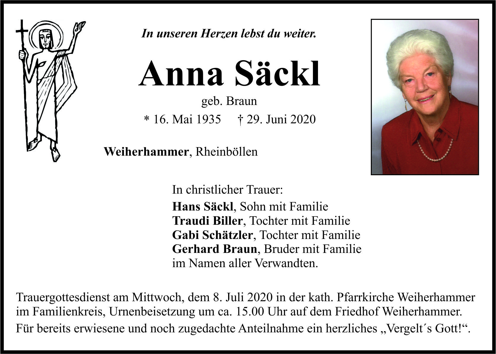 Traueranzeige Anna Säckl, Weiherhammer