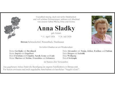 Traueranzeige Anna Sladky, Bärnau 400