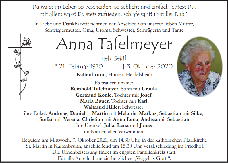 Traueranzeige Anna Tafelmeyer, Kaltenbrunn