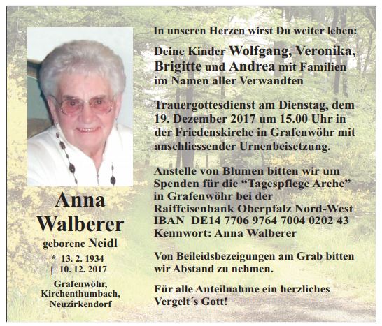 Traueranzeige Anna Walberer Grafenwöhr