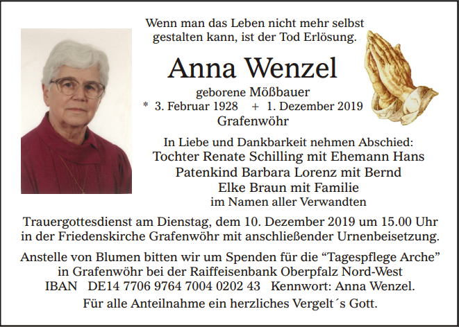 Traueranzeige Anna Wenzel, Grafenwöhr
