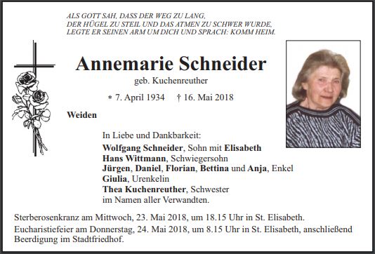 Traueranzeige Annemarie Schneider Weiden