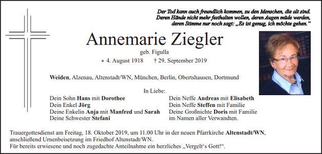 Traueranzeige Annemarie Ziegler Weiden