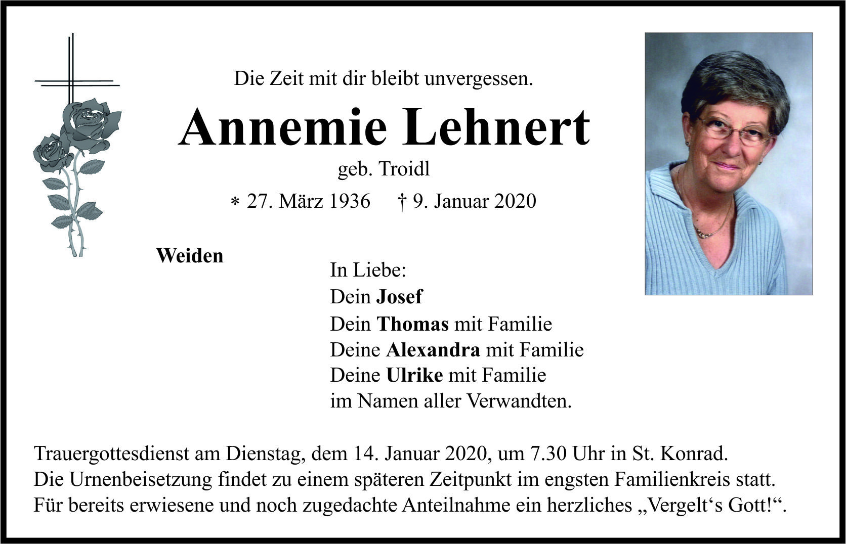 Traueranzeige Annemie Lehnert, Weiden