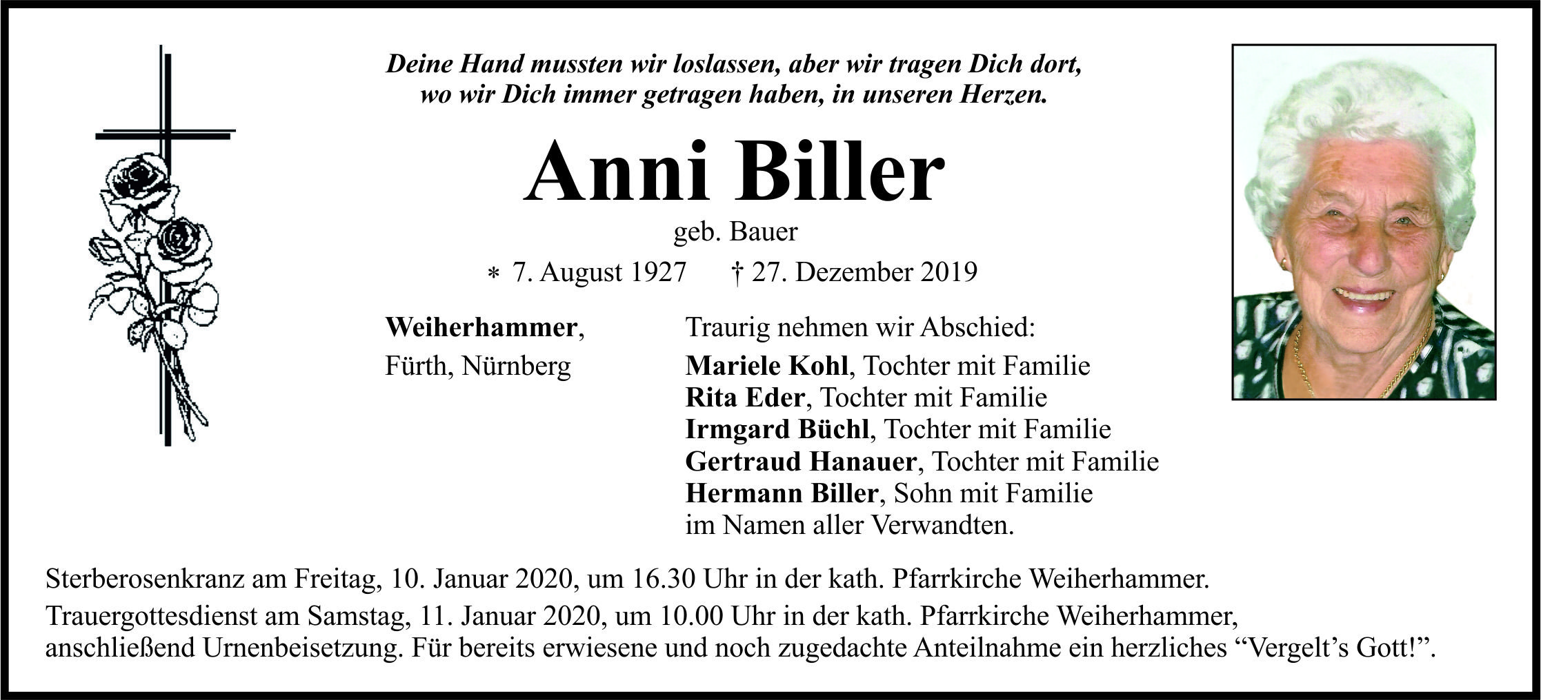 Traueranzeige Anni Biller, Weiherhammer