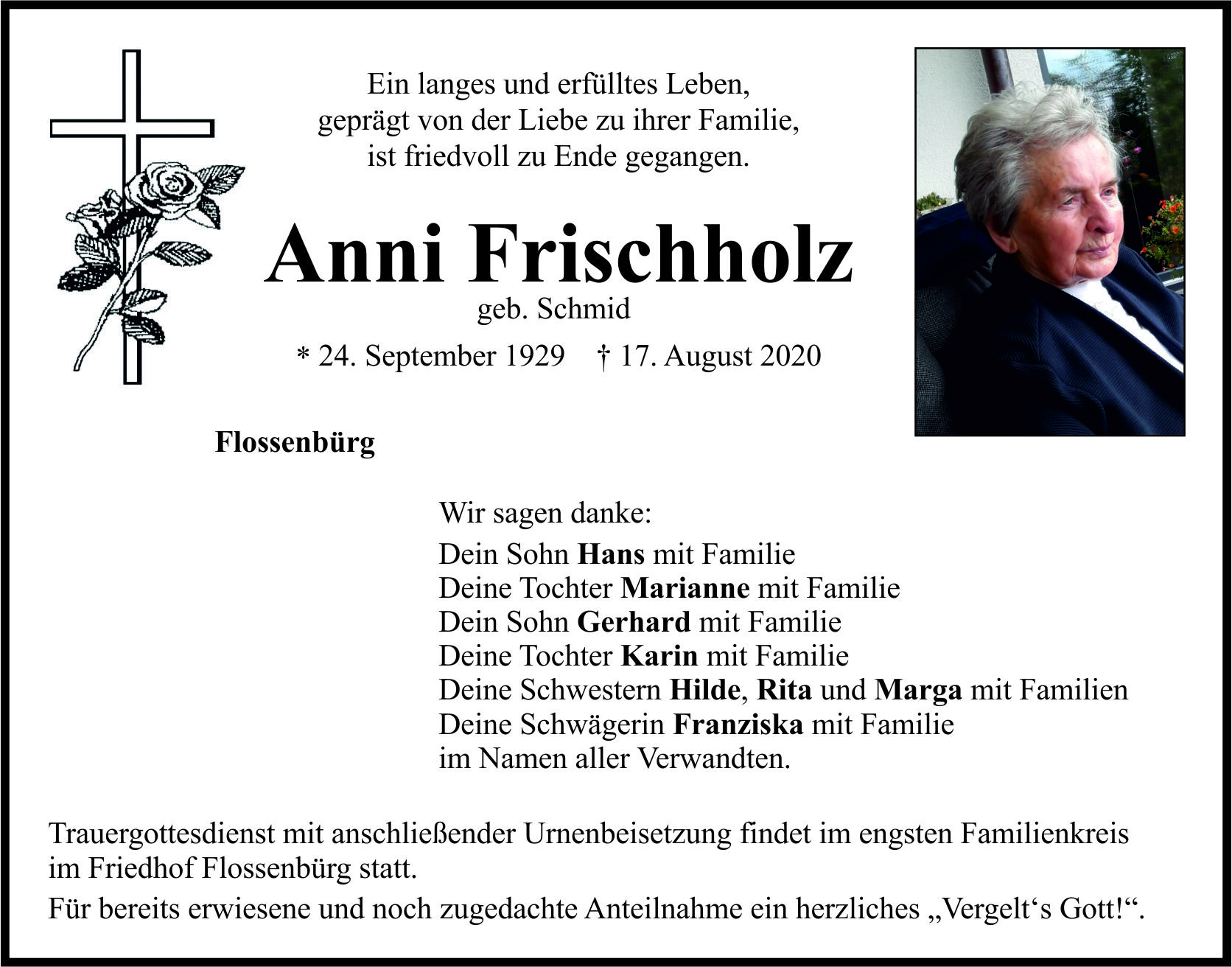 Traueranzeige Anni Frischholz, Flossenbürg
