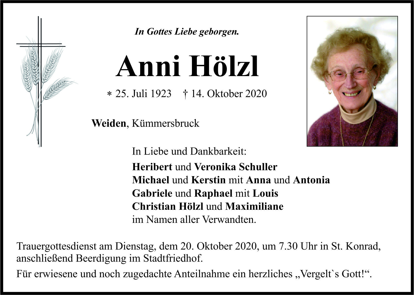 Traueranzeige Anni Hölzl, Weiden