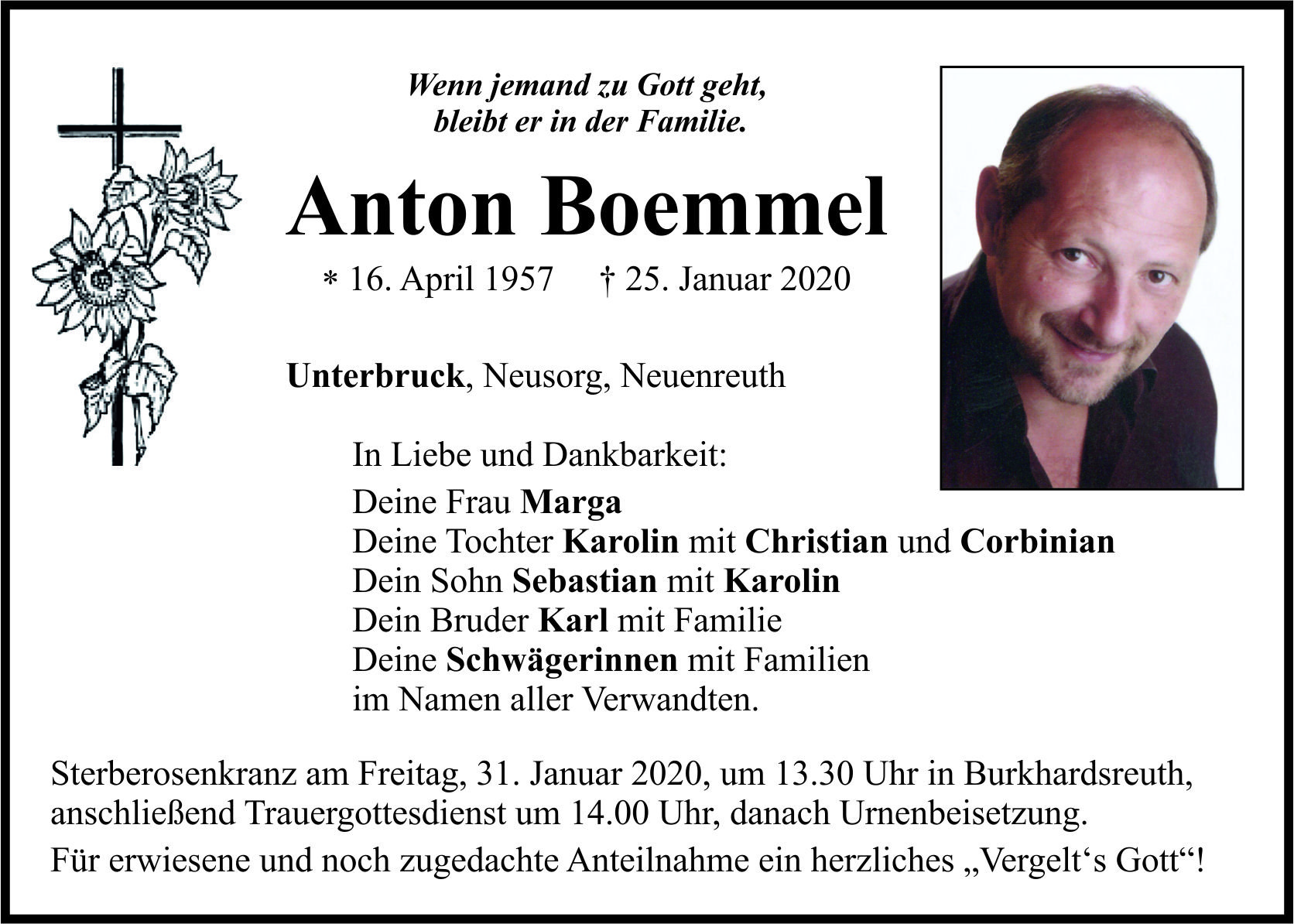 Traueranzeige Anton Boemmel, Unterbruck