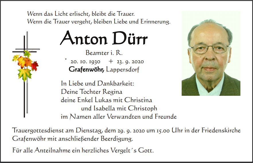 Traueranzeige Anton Dürr, Grafenwöhr
