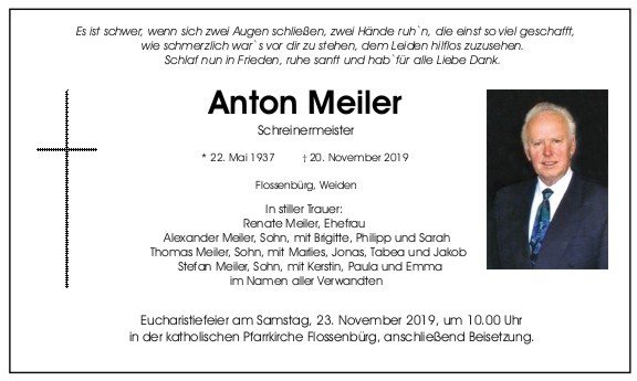 Traueranzeige Anton Meiler, Flossenbürg Weiden
