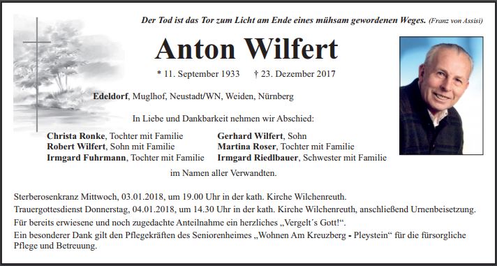 Traueranzeige Anton Wilfert, Edeldorf