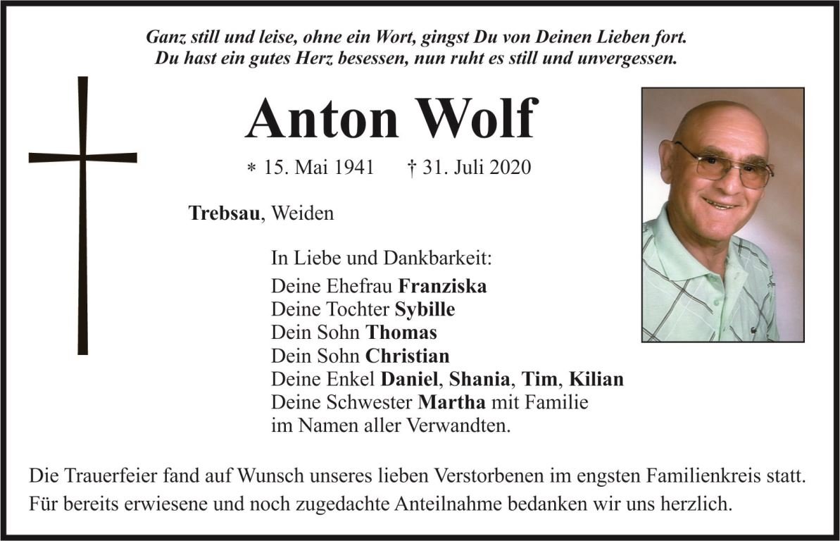 Traueranzeige Anton Wolf, Trebsau Weiden
