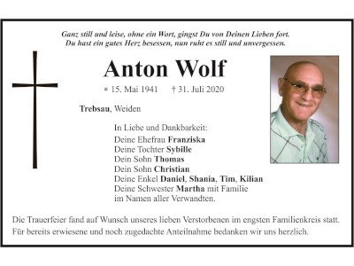 Traueranzeige Anton Wolf, Trebsau Weiden 400 300