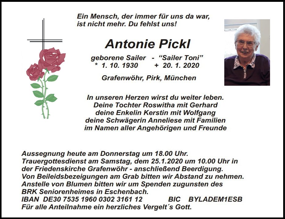 Traueranzeige Antonie Pickl, Grafenwöhr Pirk