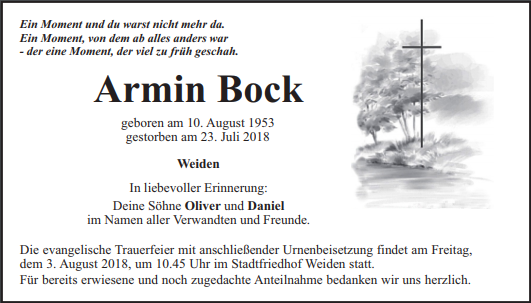 Traueranzeige Armin Bock Weiden