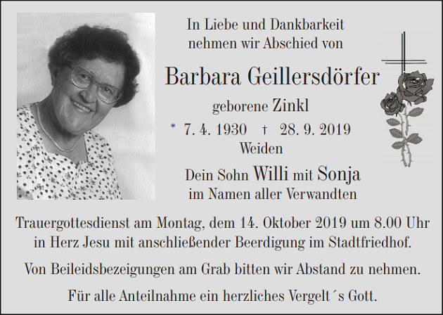 Traueranzeige Barbara Geillersdörfer Weiden