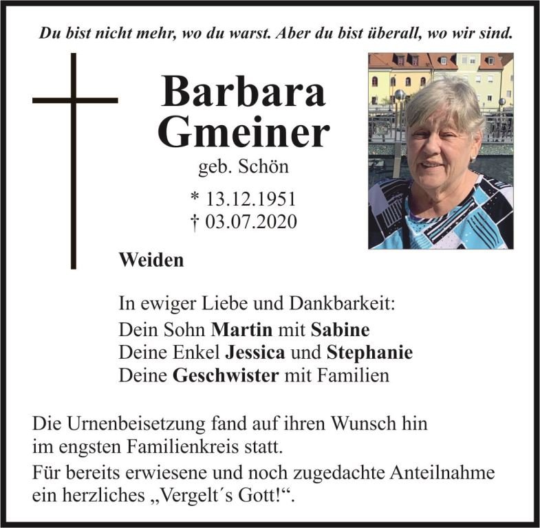 Traueranzeige Barbara Gmeiner, Weiden