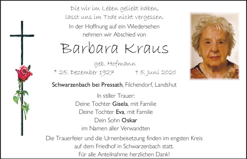 Traueranzeige Barbara Kraus