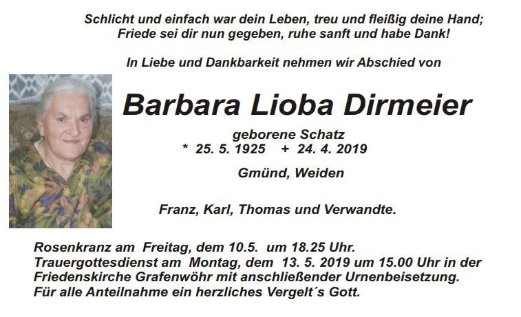 Traueranzeige Barbara Lioba Dirmeier Gmünd