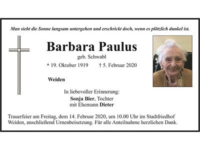 Traueranzeige Barbara Paulus Weiden 400x300