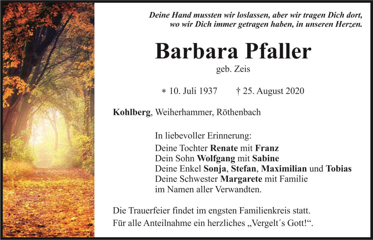 Traueranzeige Barbara Pfaller, Kohlberg Weiherhammer Röthenbach