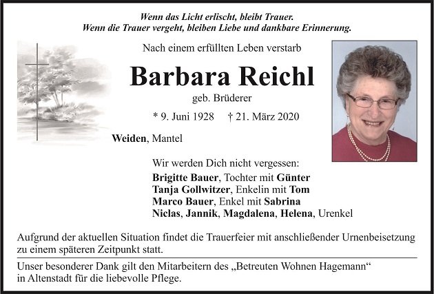 Traueranzeige Barbara Reichl Weiden