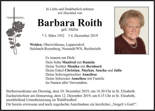 Traueranzeige Barbara Roith Weiden
