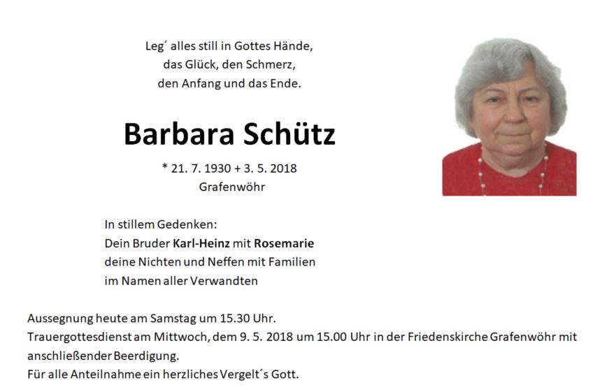 Traueranzeige Barbara Schütz Grafenwöhr
