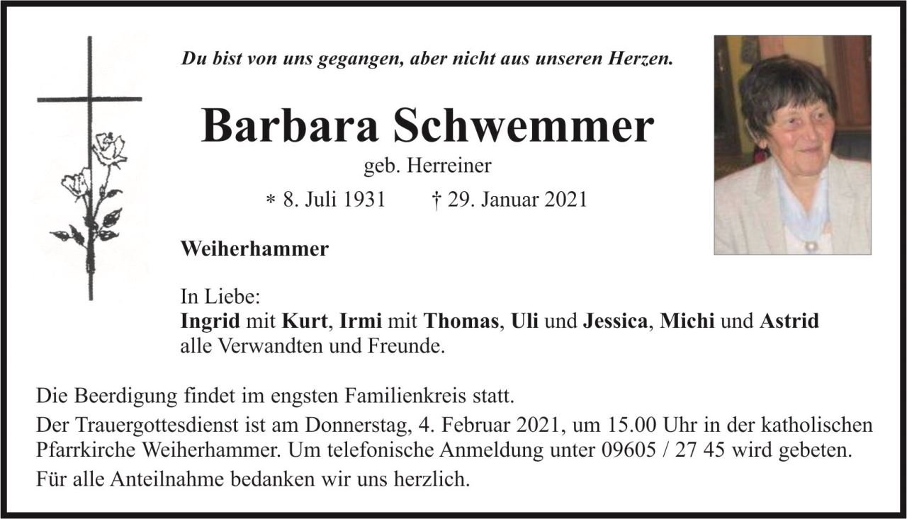 Traueranzeige Barbara Schwemmer, Weiherhammer