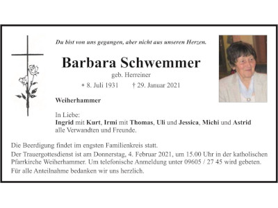 Traueranzeige Barbara Schwemmer, Weiherhammer 400 300