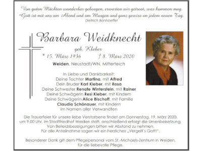 Traueranzeige Barbara Weidknecht, Weiden 400 300