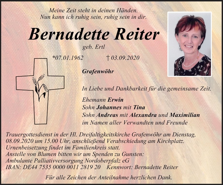 Traueranzeige Bernadette Reiter, Grafenwöhr