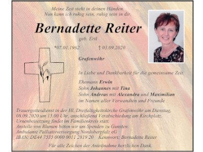 Traueranzeige Bernadette Reiter, Grafenwöhr 400 300