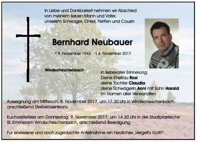 Traueranzeige Bernhard Neubauer, Windischeschenbach