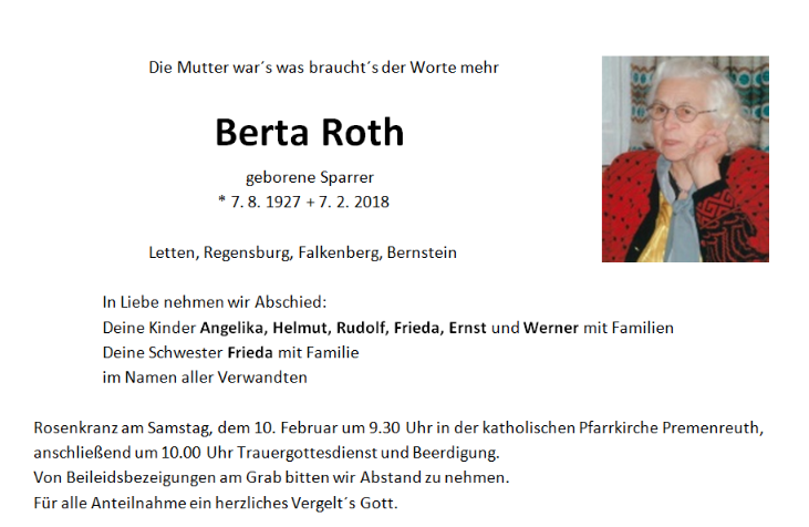 Traueranzeige Berta Roth Letten