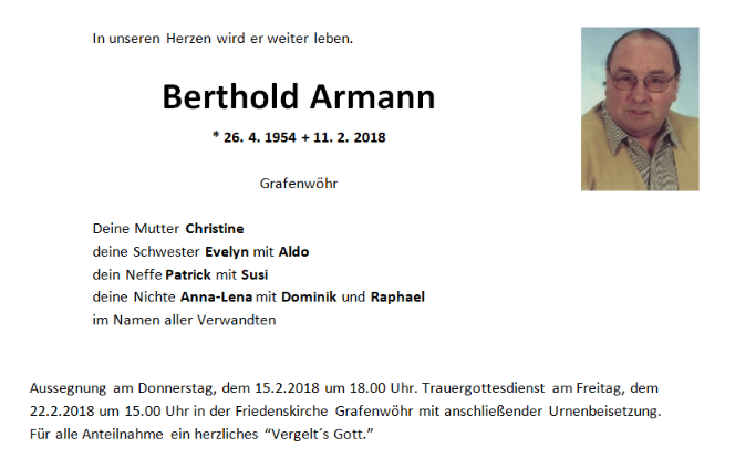 Traueranzeige Berthold Armann Grafenwöhr