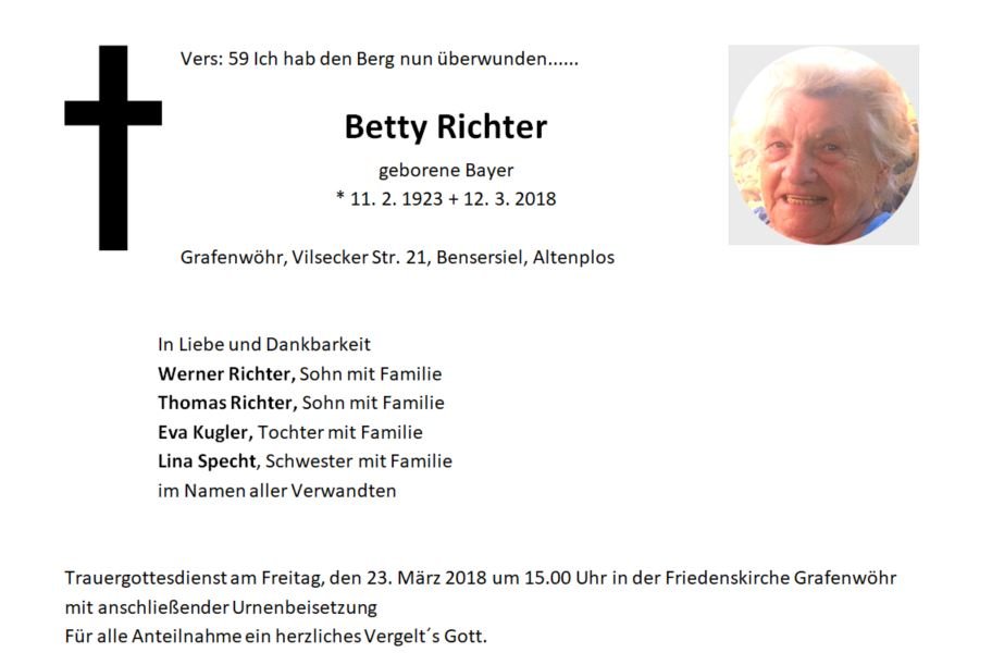 Traueranzeige Betty Richter Grafenwöhr