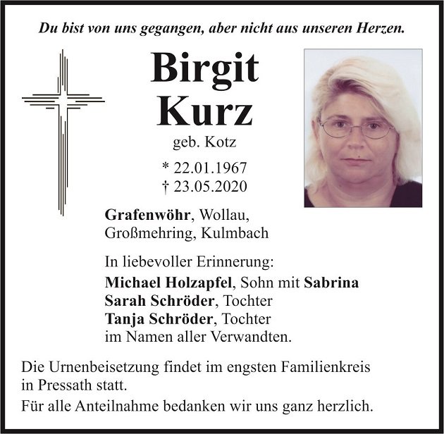 Traueranzeige Birgit Kurz Grafenwöhr